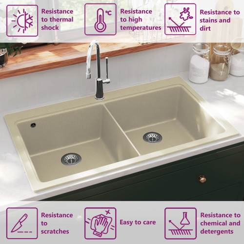 VidaXL vidaXL Granite Kitchen Sink Double Basins Beige Basket Strainer Basin Bowl 1