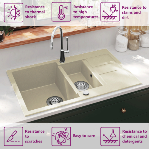 VidaXL vidaXL Granite Kitchen Sink Double Basins Beige Basket Strainer Basin Bowl 1