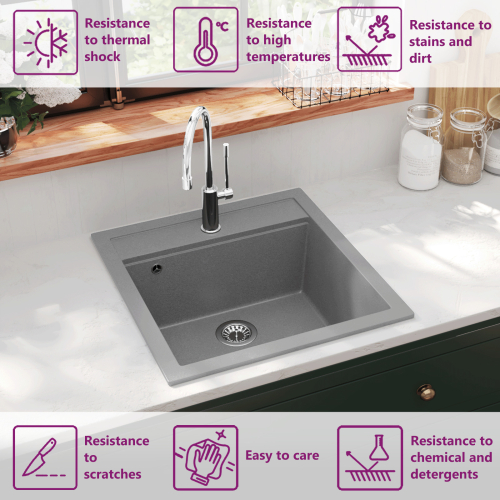 VidaXL vidaXL Granite Kitchen Sink Single Basin Grey Overmount with Basket Strainer 1