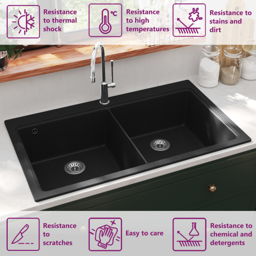 VidaXL vidaXL Overmount Kitchen Sink Double Basin Granite Black Plumbing Fixture 2