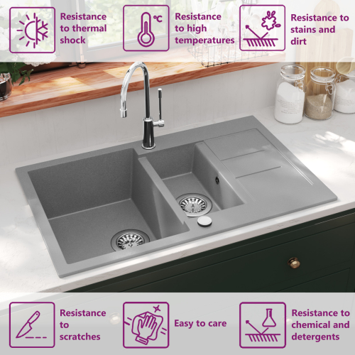 VidaXL vidaXL Granite Kitchen Sink Double Basin Grey Overmount with Basket Strainer 1