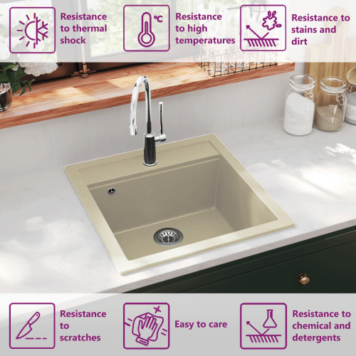 VidaXL vidaXL Granite Kitchen Sink Single Basin Beige Basket Strainer Basin Bowl 1