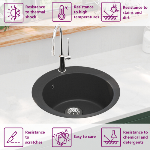 vidaXL Granite Kitchen Sink Single Basin Round Black Overmount Basket Strainer 1