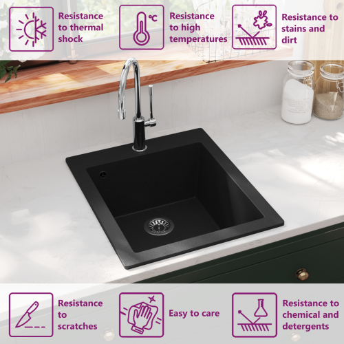 VidaXL vidaXL Overmount Kitchen Sink Single Basin Granite Black Plumbing Fixture 1
