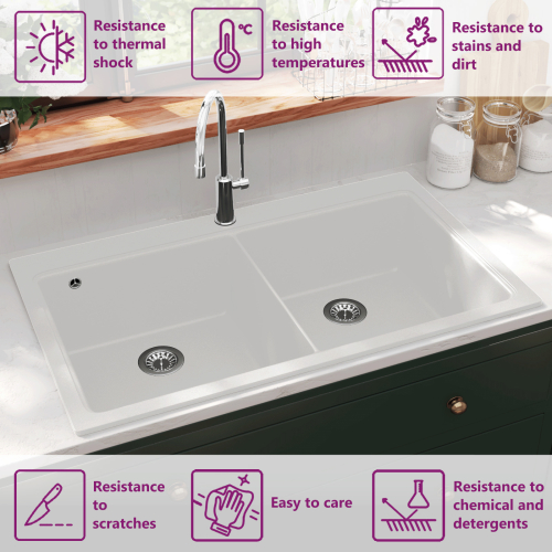 VidaXL Overmount Kitchen Sink Double Basin Kit Granite Cream White 860 x 510 mm 1