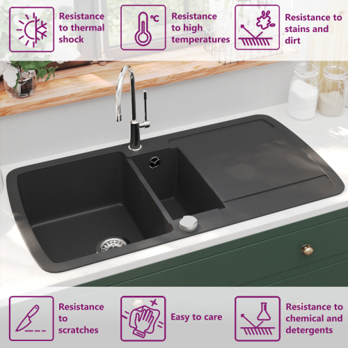 VidaXL vidaXL Granite Kitchen Sink Double Basin Black Overmount with Basket Strainer 1