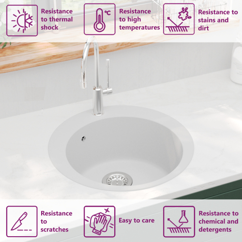 VidaXL vidaXL Granite Kitchen Sink Single Basin Round White Basket Strainer Basin 1