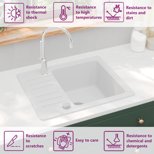 VidaXL vidaXL Granite Kitchen Sink Single Basin White Basket Strainer Wash Bowl Basin 1