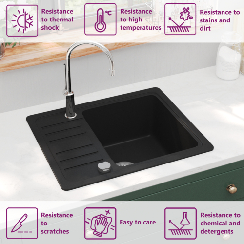 vidaXL Granite Kitchen Sink Single Basin Black Overmount with Basket