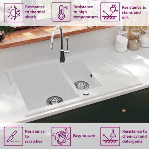 VidaXL vidaXL Granite Kitchen Sink Double Basins White Basket Strainer Basin Bowl 1