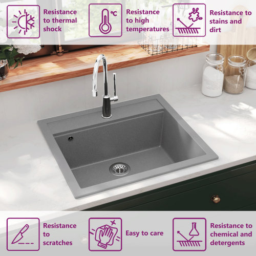 VidaXL vidaXL Granite Kitchen Sink Single Basin Grey Overmount with Basket Strainer 1
