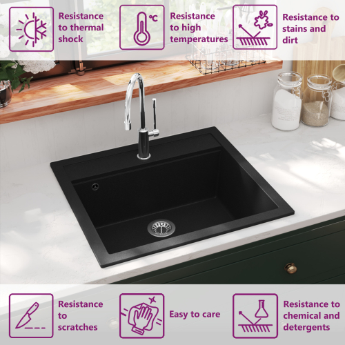 VidaXL vidaXL Granite Kitchen Sink Single Basin Black Overmount with Basket Strainer 1