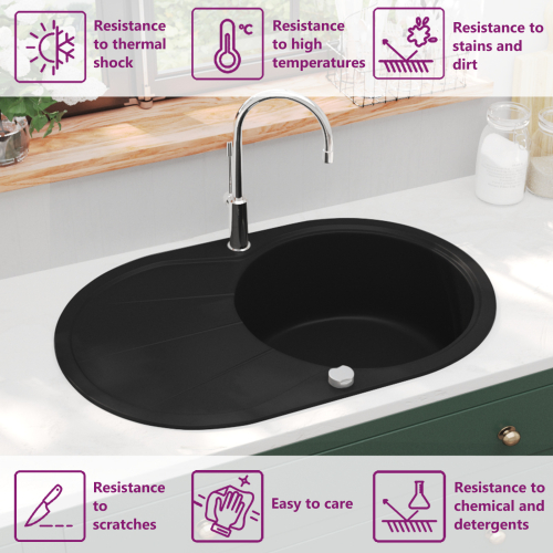 VidaXL Granite Kitchen Sink Single Basin Oval Black 1