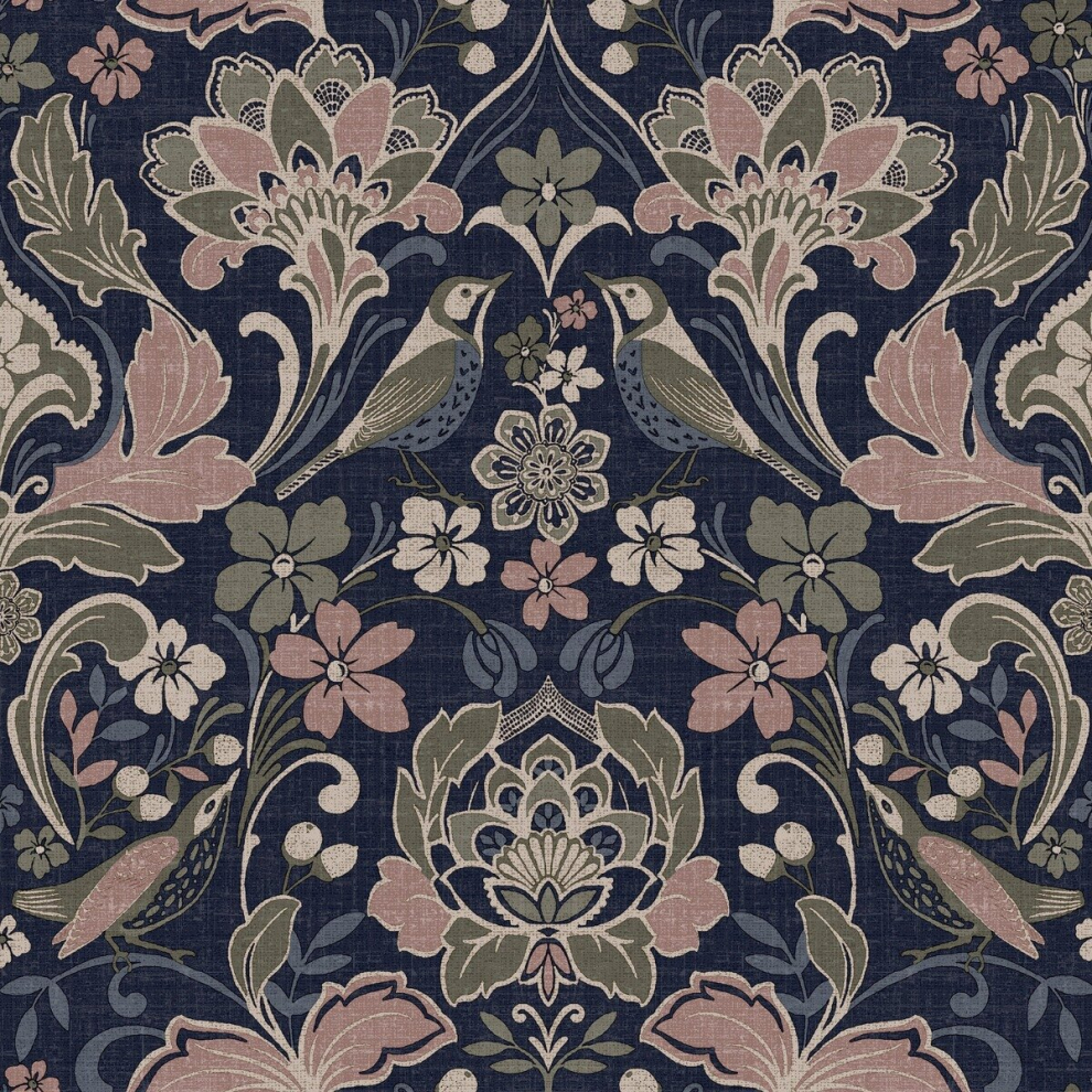 Folk Floral Wallpaper Navy / Pink / Olive World Of Wallpaper 946104