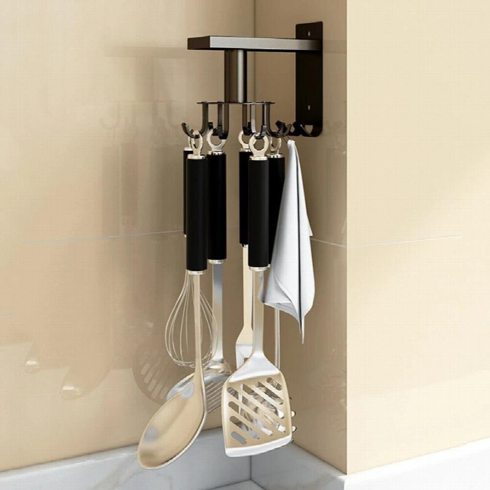 Stainless Aluminum Alloy Kitchen Wall Mounted Rotatable Utensil Storage Rack with 8 Hooks Organizer Container Accessories-image-OPC-PCS9QBG-NEW