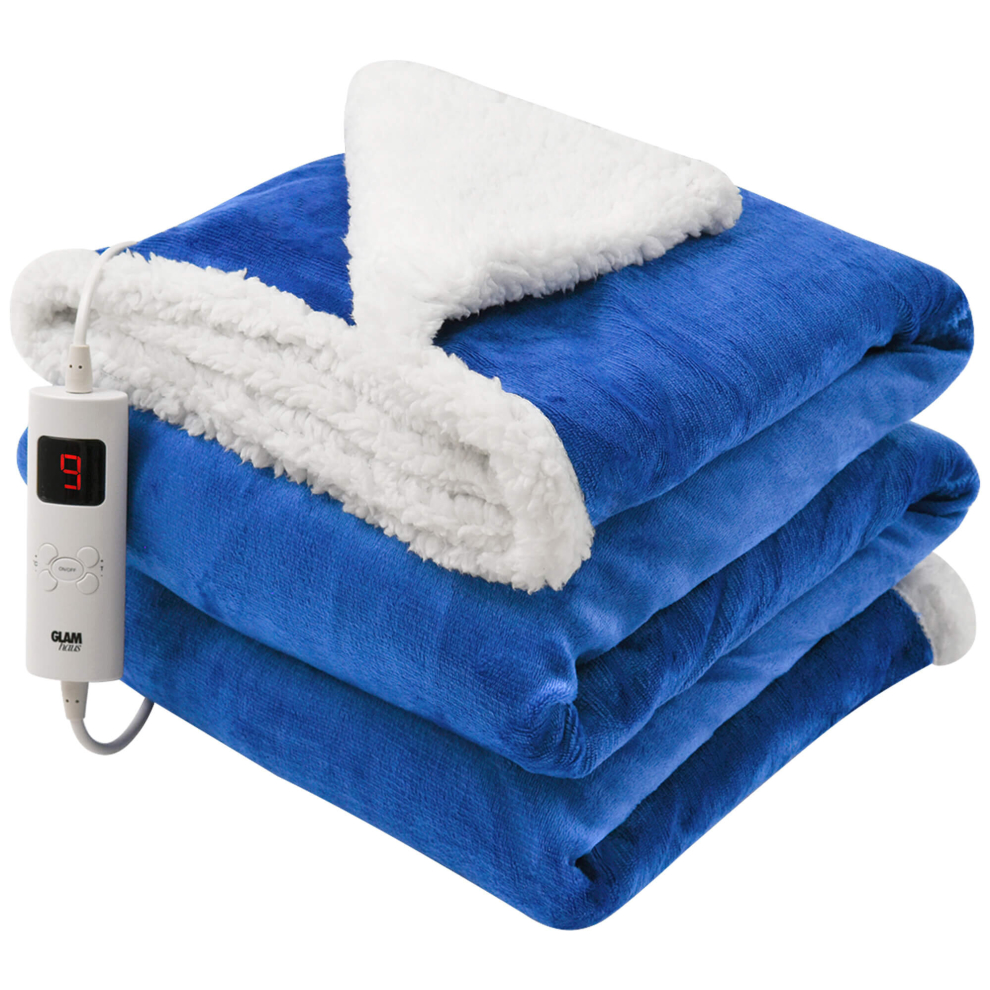 (Dark Blue Reversible) Fleece Heated Electric Throw Blanket 9 Colours