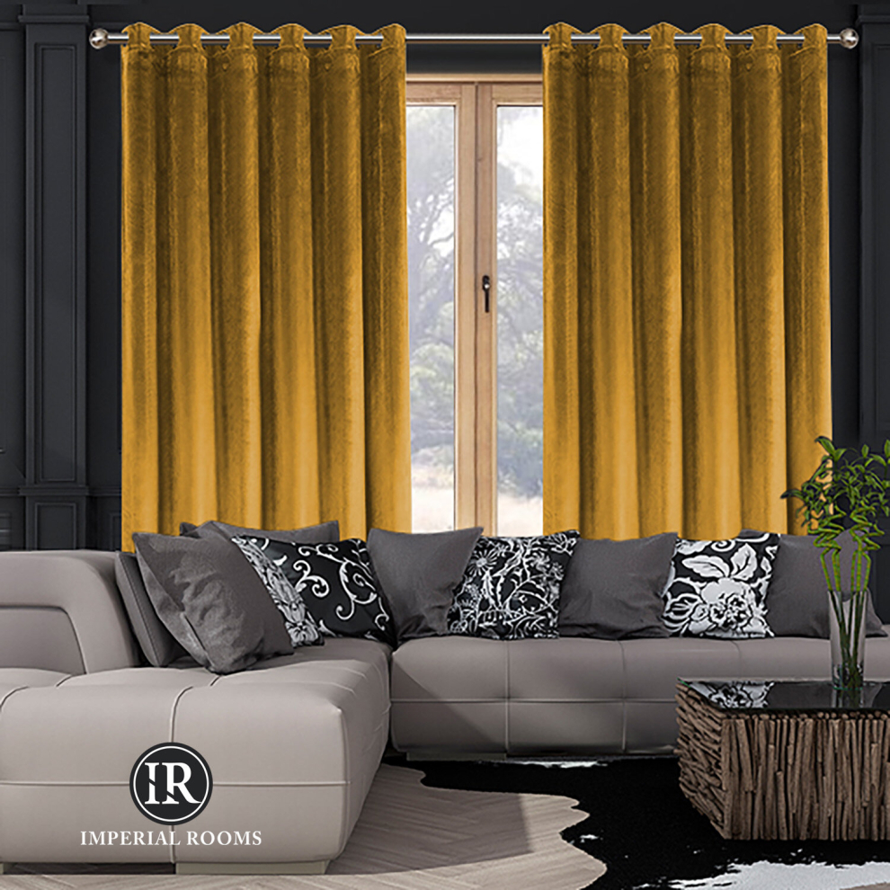 Imperial Rooms (66" X 90") Curtains Velvet Ring Top Pair Ready Made Uk Yellow