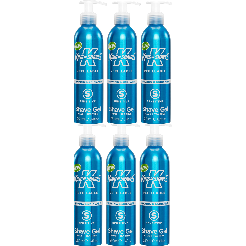 King of Shaves Sensitive Aloe Shave Gel, Refillable Aluminium Bottle (6x 250mls) 