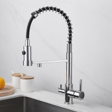 (Chrome) Pull Down Filter Kitchen Faucet 3 Way Drinking Pure Water Faucets Brass 360° Flexible Purification Water Mixer Tap