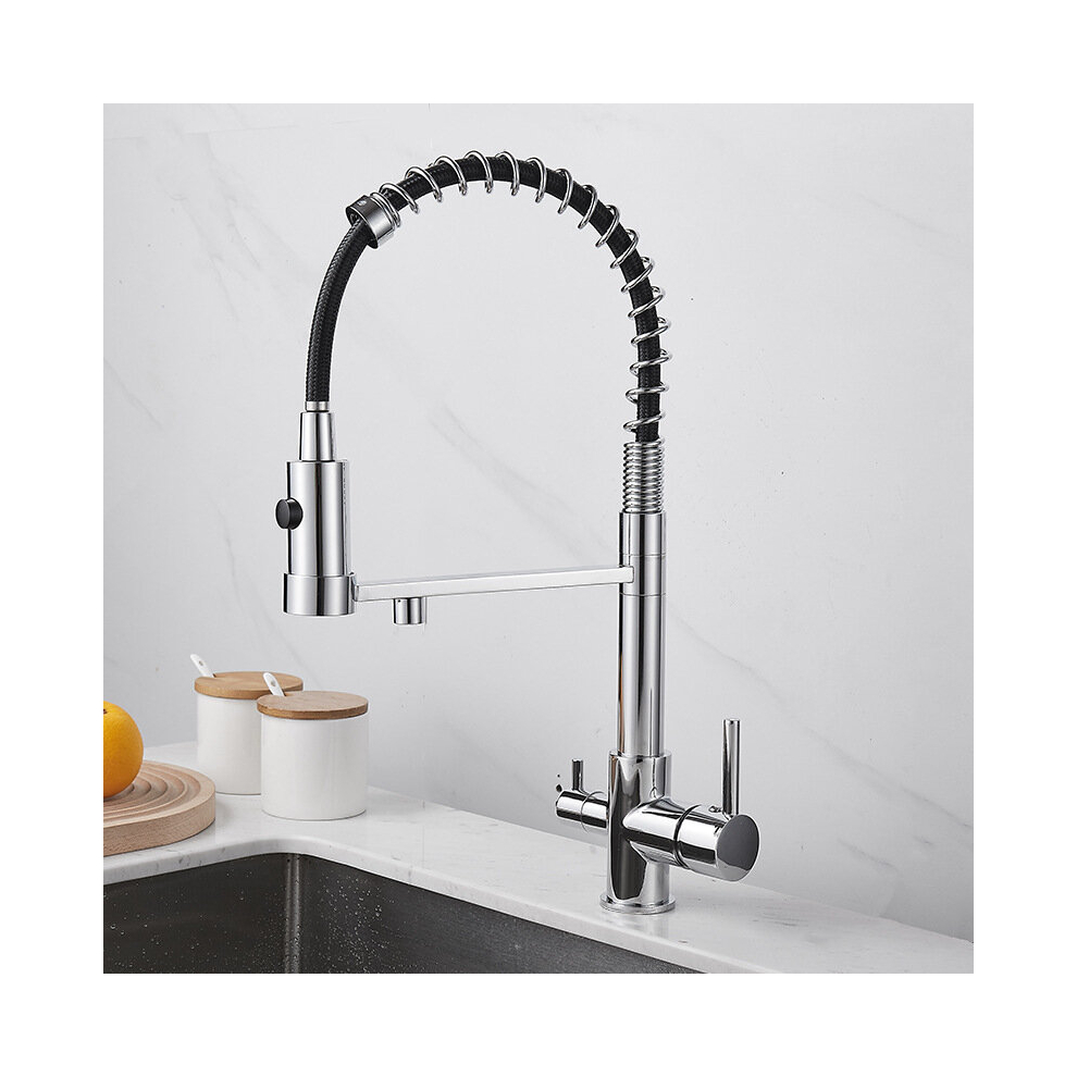 (Chrome) Pull Down Filter Kitchen Faucet 3 Way Drinking Pure Water Faucets Brass 360Â° Flexible Purification Water Mixer Tap