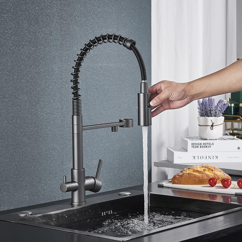 (Gun Grey ) Pull Down Filter Kitchen Faucet 3 Way Drinking Pure Water Faucets Brass 360Â° Flexible Purification Water Mixer Tap 8804717614961