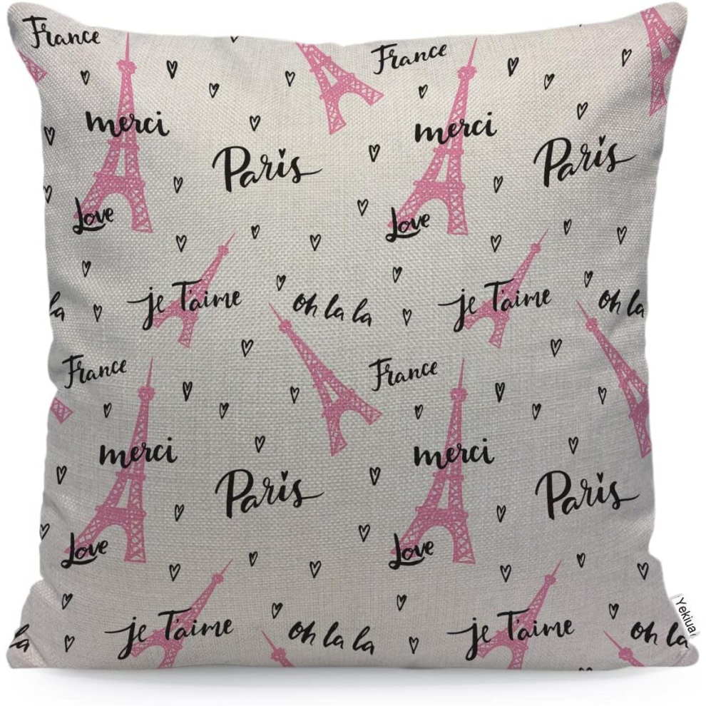 Eiffel Tower Pillow Cover France Paris Hearts Calligraphy Doodle Rustic Farmhouse Decorative Cushion Case for Sofa Bedroom Car Pink Black 18 X 18 Inch-image-OPC-PCSFWJQ-NEW