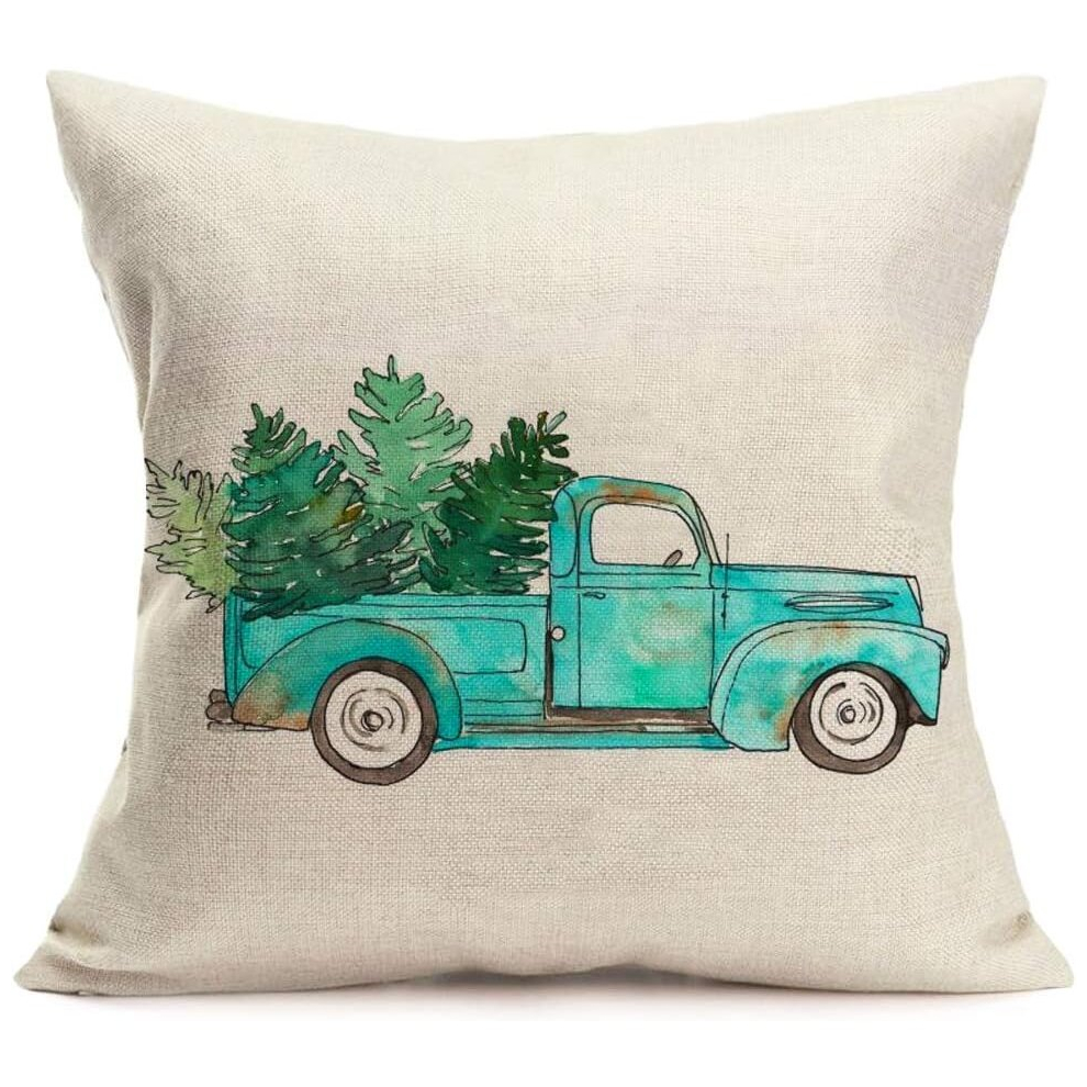 Blue Truck and Christmas Tree Cotton Linen Throw Waist Pillow Case Cushion Cover Xmas Winter Home Christmas Decorative 18x18 (J)-image-OPC-PCSG2NS-NEW