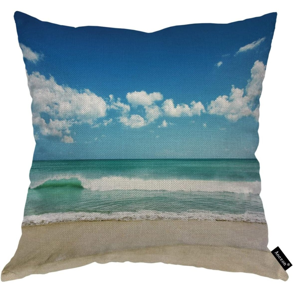 White Sand Beach Pillow Covers Sea Wave Blue Sky Cloudy Tropical Summer Scene 18x18 Inch Decorative Pillow Cover for Men Women Boys Girls Cotton Linen-image-OPC-PCSG6R6-NEW