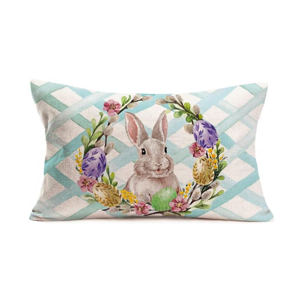 Throw Pillow Covers 12x20 Inch Easter Bunny Lumbar Farmhouse Cotton Linen Watercolor Eggs Case Home Oblong Cushion Cover for Sofa (Wreath) Green L-01