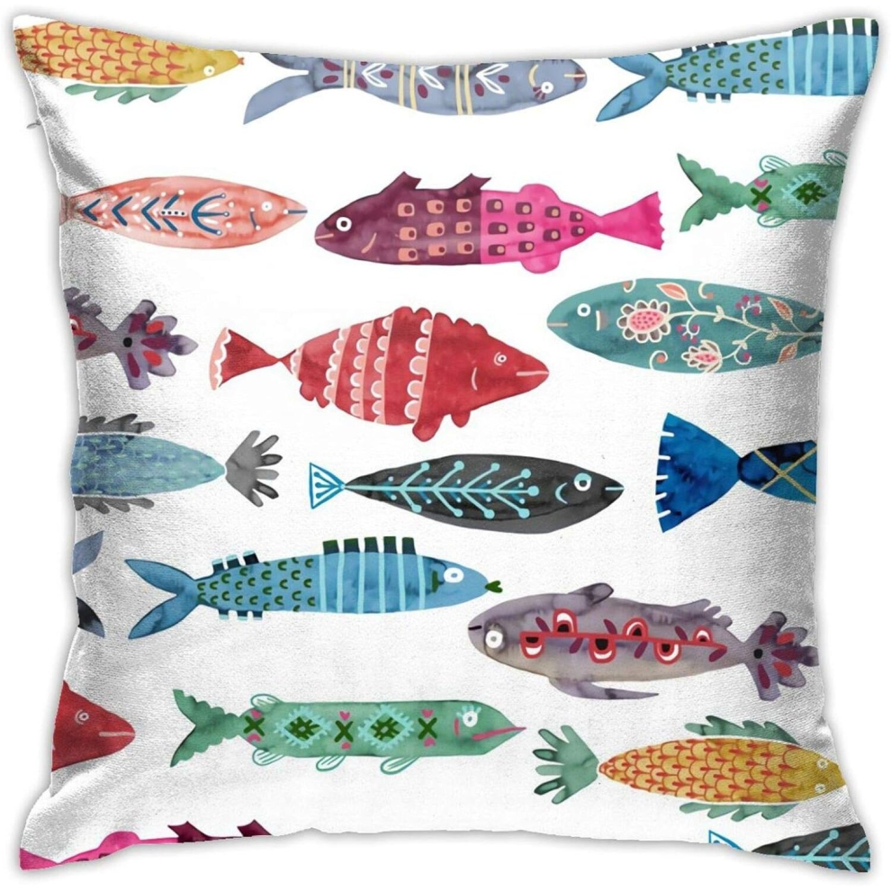 Pillow Cover,Large Colorful Folk Fish Throw Pillow Case Modern Cushion Cover Square Pillowcase Decoration for Sofa Bed Chair Car 18 X 18 Inch-image-OPC-PCSGTZF-NEW