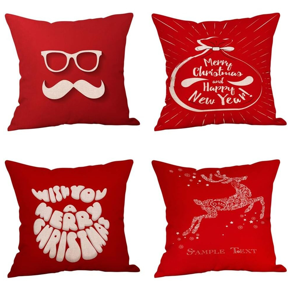 Christmas Red Glasses Gift Bag Deer Cotton Linen Pillow Cover Decorative Sofa Pillow Case Cushion Cover Pillowcases Home Decor 18x18 Inch - 4 Pack-image-OPC-PCSGTQ6-NEW
