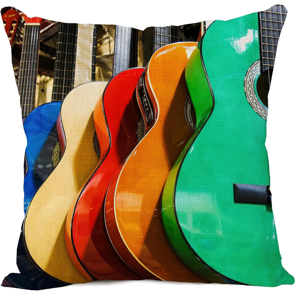 Colourful Guitar Cushion Cover Cotton Linen Throw Pillow Case Standard Square Decorative Home Sofa for Men Women Cushion Cover 18 x 18 Inches