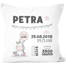 Personalised Birth Pillow with Rabbit Birth Pillow Name Pillow Gift Baby Girl Name White One Size