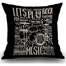Music Cotten Linen Cushion Cover, Music Rock Drums Typography Design Decorative Square Throw Pillow Case Pillowcase