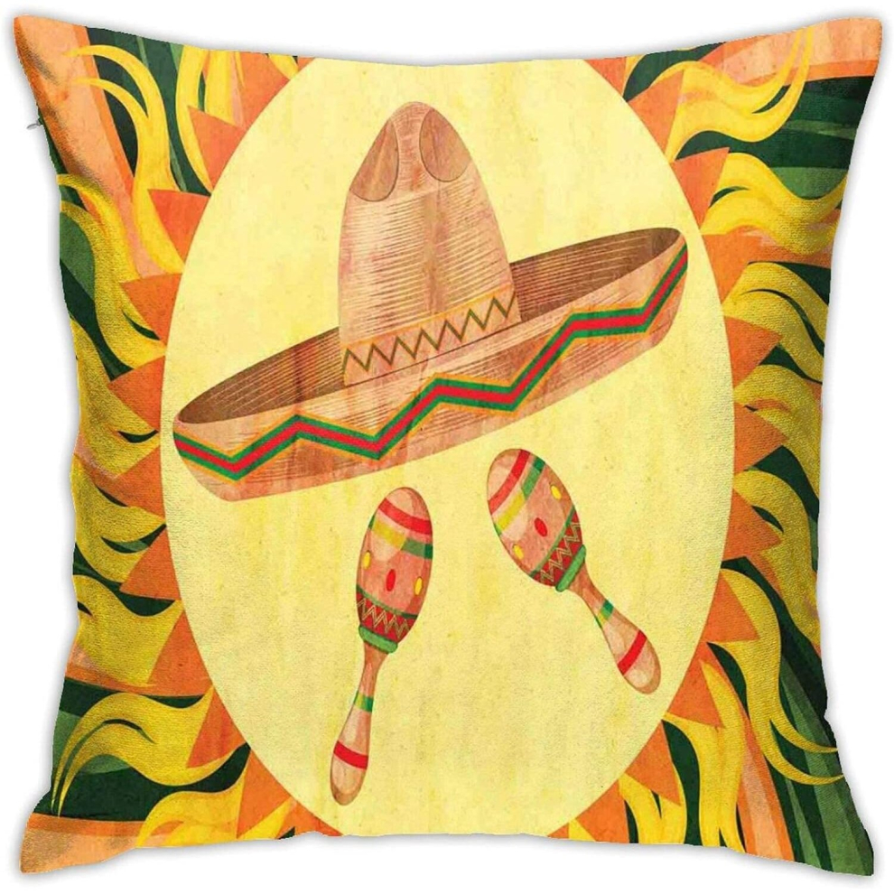 Ethnic Hat and Maracas in The Centre of Sun Figure Hippie Style Boho HomeHome Decor Pillow Covers 1818 Inch-image-OPC-PCSHNG2-NEW