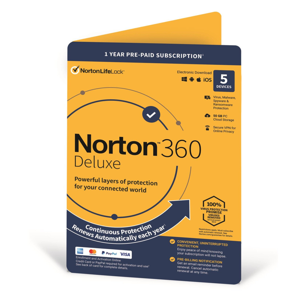 Norton 360 Deluxe Protection & Antivirus 2022 For 5 Devices - 1 Yr Subscription