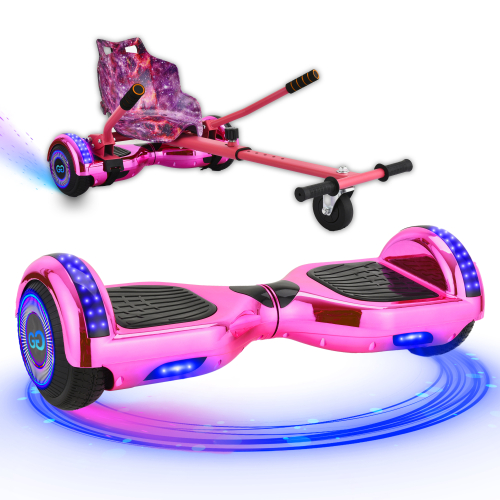 (Chrome Pink Bundle) 6.5'' Hoverboard and Hoverkart Go Kart LED Bundle