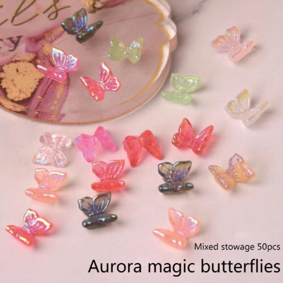 50Pcs 3D Resin Butterfly Nail Art Decorations Crystal Aurora Glitter Holographic Decal Charms Ornaments for DIY Manicure