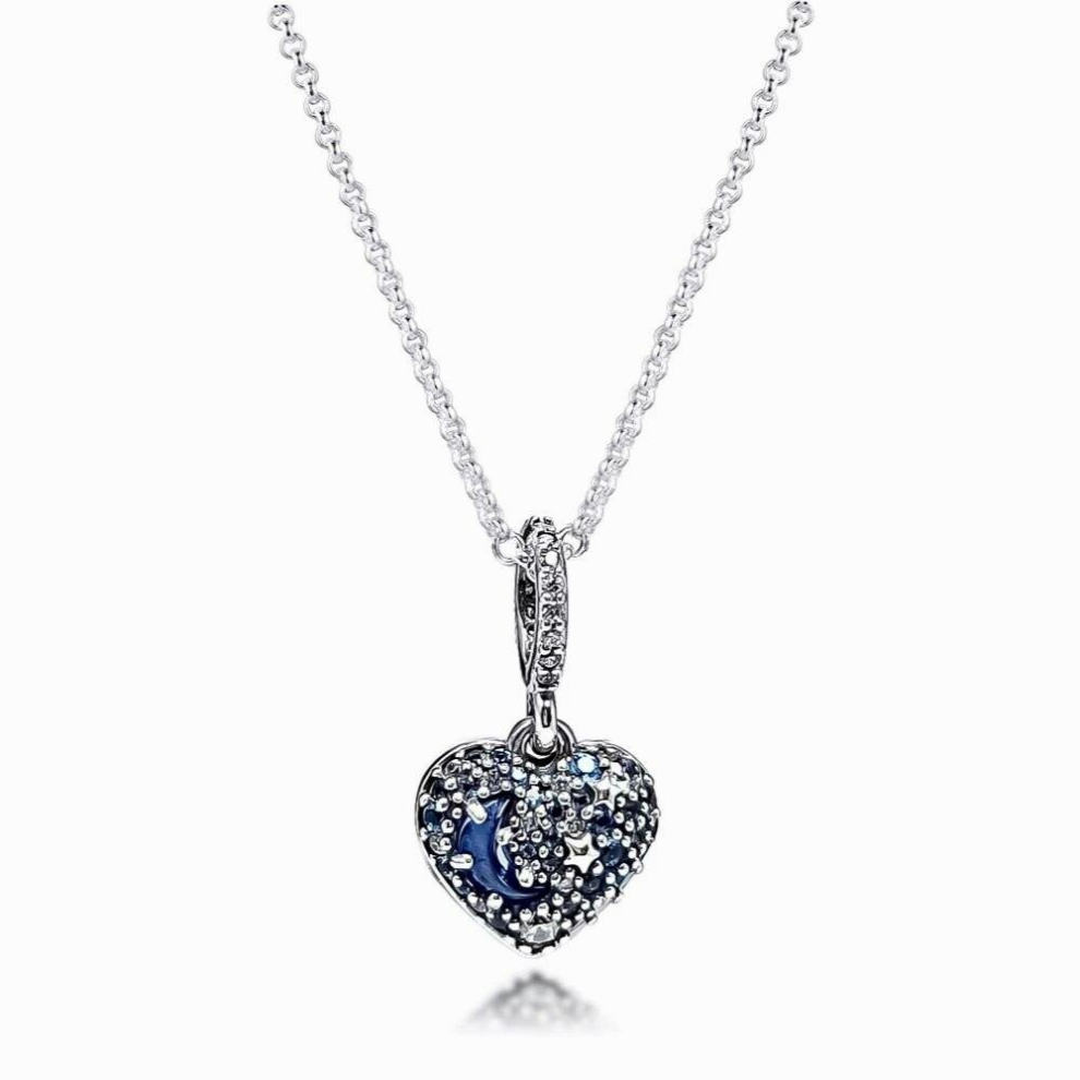 Moon & Stars Heart Necklace & Pendant Sterling Silver Jewelry Winter Style Woman Jewelry Chain Jewelry