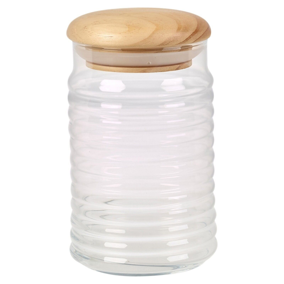 (Medium 2 x 1.12L) Clear Ribbed Glass Storage Jar With Airtight Stopper Wooden Lid