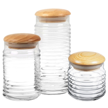 (Small,Medium, Large 63L, 1 x 1.12L, 1 x 1.5L) Clear Ribbed Glass Storage Jar With Airtight Stopper Wooden Lid