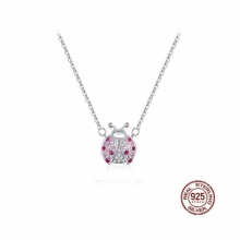 925 Sterling Silver Pink CZ Ladybug Insect Chain Pendant Necklace for Women Kid Fine Jewelry