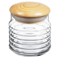 (Small 1 X 0.63L) Clear Ribbed Glass Storage Jar With Airtight Stopper Wooden Lid