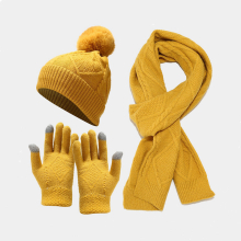 (yellow) Ladies Thick Knit Hat Scarf And Gloves Set Winter