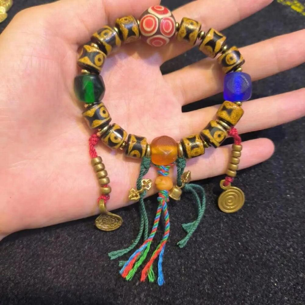 1pcs/lot Natural Three-Eyed Agate Dzi Multi-Gemstone Bracelet Old glass Dragonfly eyes Cow bone beads tassel Hand-woven rope-image-OPC-PCSKMRT-NEW