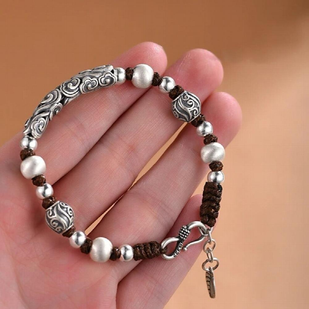 999 Sterling Silver Auspicious Cloud Pattern Beaded Bracelet Mens Hand-woven Bracelet Niche Sense Jewelry-image-OPC-PCSKMQJ-NEW
