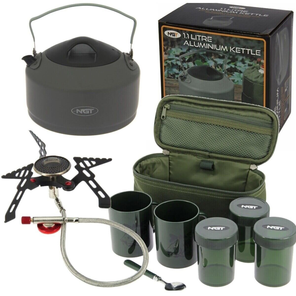 NGT Kettle Brew Kit Gas Stove Set Carp Fishing Holdall 2 Cups 3 Pots Camping