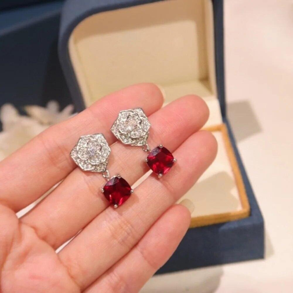 Rose Earrings Camellia Womens Accessories S925 Sterling Silver Pink Crystal Red Diamond Queen Shine #5-image-OPC-PCSKRZ7-NEW