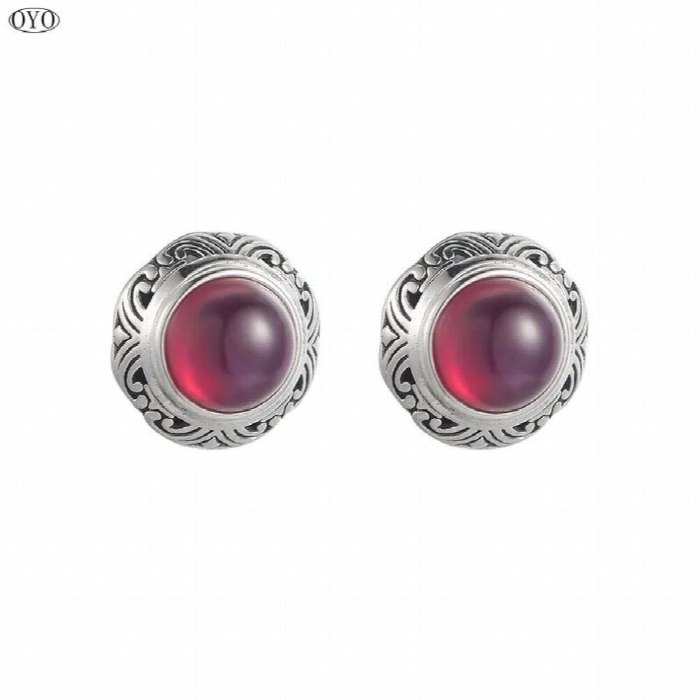 100% S925 sterling silver inlaid red corundum Round Earrings womens retro pattern national jewelry-image-OPC-PCSKTWB-NEW