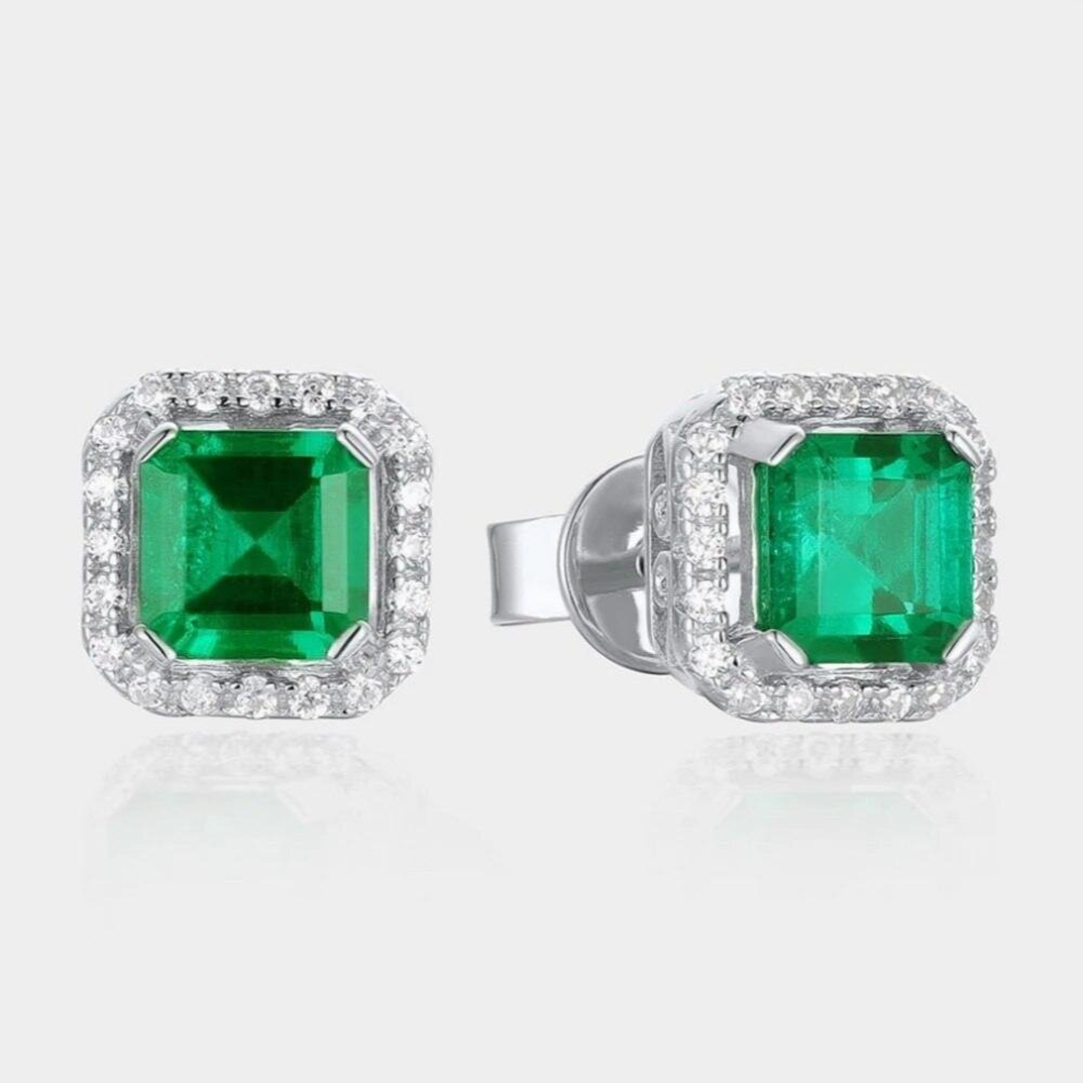 Classic Solid 925 Sterling Silver Asscher Cut Emerald Gemstone Studs Earrings Wedding Party Fine Jewelry For Women-image-OPC-PCSKVV9-NEW